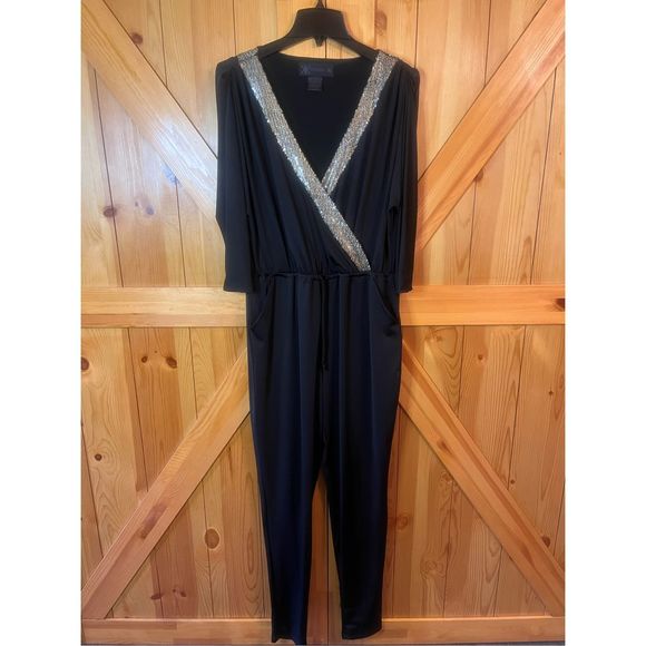 🌿 Kardashian Kollection Black Jumpsuit V-neck Wrap Sequins - Size XL - Picture 1 of 10
